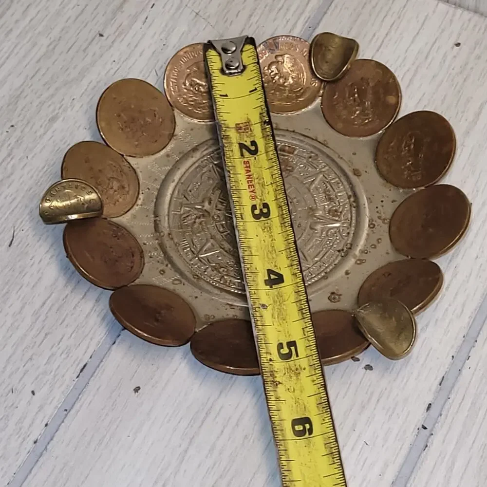 Vtg Aztec Calendar Mexican Coin Ashtray Catch All Dish Handmade MCM